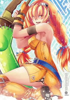 1girl absurdres aika_(eternal_arcadia) armband armpits arms_up bare_shoulders belt between_legs boomerang boots braid breasts brown_panties commission dress earrings eternal_arcadia eyes_visible_through_hair from_side gensox gloves goggles goggles_on_head highres holding holding_weapon huge_weapon jewelry large_breasts lips long_braid long_hair looking_at_viewer low-tied_long_hair open_mouth orange_hair panties patreon_logo ribbon short_dress single_glove sleeveless sleeveless_dress smile solo twin_braids underwear very_long_hair watermark weapon web_address yellow_boots yellow_dress yellow_eyes