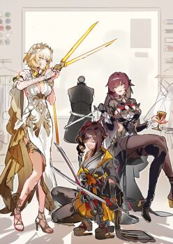 3girls aglaea_(honkai:_star_rail) ancient_greek_clothes black_dress black_gloves black_high_heels black_pantyhose blonde_hair breasts brown_hair chair chiori_(genshin_impact) cleavage crossed_legs cup dress earrings eden_(honkai_impact) genshin_impact gloves grape_(grapedraws) greco-roman_clothes green_eyes high_heel_sandals holding holding_cup holding_scissors holding_sword holding_weapon honkai:_star_rail honkai_(series) honkai_impact_3rd jewelry large_breasts laurel_crown long_hair mannequin mihoyo multiple_girls on_chair oversized_object pantyhose platform_sandals sandals scissors short_hair squatting sword toes weapon white_dress yellow_dress yellow_eyes