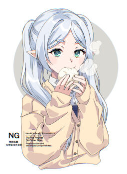 1girl alternate_costume commentary_request eating elf eyelashes food frieren green_eyes holding holding_food kizuka2020 long_hair looking_at_viewer pointy_ears solo sousou_no_frieren steamed_bun twintails upper_body watermark white_background white_hair