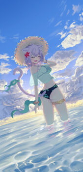 1girl :d absurdres ahoge animal_ears armband bare_shoulders bikini bikini_under_clothes bikini_visible_through_clothes black_bikini blush breasts cat_ears cat_girl cat_tail closed_eyes clothing_cutout commentary_request crossed_bangs double-parted_bangs dutch_angle facing_viewer fang floral_print floral_print_bikini frilled_thigh_strap from_behind green_shirt hair_between_eyes hat highres hololive median_furrow medium_breasts medium_hair nekomata_okayu ocean open_mouth print_bikini purple_hair purple_tail ribbon scrunchie see-through_clothes see-through_shirt shirt sideboob skin_fang smile solo straw_hat string_bikini sun_hat sunset swimsuit tail tail_ornament tail_ribbon tail_through_clothes tebingo thigh_strap twisted_torso underbutt virtual_youtuber wading wrist_scrunchie