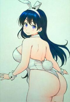 1girl animal_ears arato_nagi ass back black_hair breasts curvy detached_collar ear_piercing gyupolo9 highres huge_ass large_breasts long_hair piercing playboy_bunny purple_eyes rabbit_ears rabbit_tail ruri_no_houseki simple_background tail thick_thighs thighs traditional_media white_background wrist_cuffs