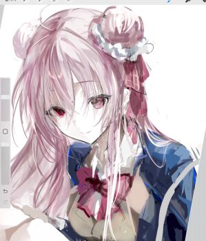 1girl ahoge art_program_in_frame blue_jacket bow bowtie brown_vest closed_mouth double_bun eyes_visible_through_hair hair_between_eyes hair_bun hair_ribbon happy_sugar_life highres jacket matsuzaka_satou pale_skin pink_hair plaid_ribbon procreate_(medium) procreate_(software) red_bow red_bowtie red_eyes red_ribbon ribbon shirt simple_background sketch smile solo toqha3247 upper_body vest white_background white_shirt