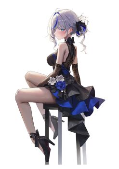 Rule 34 | 1girl, absurdres, andud 14 (yh), aokumo rin, bare shoulders, black gloves, black shoes, blue eyes, blue flower, blue hair, blue rose, breasts, chair, closed mouth, dress flower, elbow gloves, flower, from side, full body, gloves, grey hair, hashtag-only commentary, high heels, highres, lace, lace gloves, looking at viewer, multicolored hair, on chair, rose, shoes, sideboob, simple background, sitting, smile, solo, stellive, streaked hair, virtual youtuber, white background, white flower