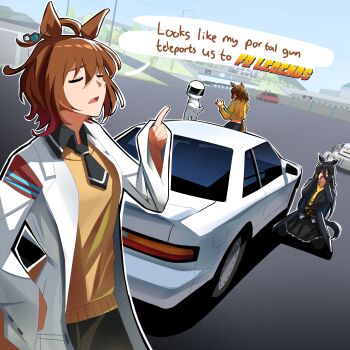 Rule 34 | 1other, 3girls, agnes tachyon (tach-nology) (umamusume), agnes tachyon (umamusume), ahoge, animal ears, black coat, black gloves, black hair, black necktie, black pantyhose, black shirt, black skirt, braid, brown hair, car, chemical structure, closed eyes, coat, collared shirt, ear tag, earrings, english text, fr legends, gloves, hair between eyes, half up half down braid, hands on own cheeks, hands on own face, helmet, highres, horse ears, horse girl, horse tail, jacket, jewelry, jungle pocket (champion's battle cry) (umamusume), jungle pocket (umamusume), lab coat, long bangs, long hair, long hair between eyes, long sleeves, manhattan cafe (creeping shadow) (umamusume), manhattan cafe (umamusume), medium hair, motor vehicle, multicolored hair, multiple girls, necktie, open mouth, pantyhose, shirt, short necktie, single earring, skirt, sleeves past wrists, speech bubble, sweater, sweater vest, tail, toyeeta prius, umamusume, white coat, white hair, white racing suit, wolf cut, yellow jacket, yellow necktie, yellow sweater, yellow sweater vest