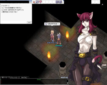 1girl adapted_costume animal_ears armor assassin_(ragnarok_online) bandeau breasts brown_eyes brown_pantyhose cat_ears cat_girl cat_tail closed_mouth commentary_request covered_erect_nipples cowboy_shot criss-cross_halter fingerless_gloves game_screenshot_background gloves halterneck long_hair looking_at_viewer medium_breasts navel pantyhose pauldrons purple_gloves ragnarok_online red_hair screenshot_background shoulder_armor solo tail toriria translation_request white_bandeau
