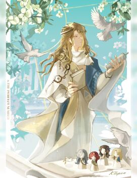 Rule 34 | 1boy, 210 (reverse:1999), 37 (reverse:1999), 6 (reverse:1999), ancient greek clothes, aqua background, bird, blonde hair, blue background, blue eyes, character doll, doll, english text, flower, greco-roman clothes, highres, himation, holding, holding notebook, holding scroll, klepon, long hair, male focus, notebook, profile, reverse:1999, scroll, solo, sophia (reverse:1999), upper body, white bird, white flower