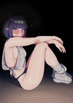 1girl :q alternate_breast_size_(larger) alternate_costume black_panties blunt_bangs bob_cut breasts colored_inner_hair commentary english_commentary from_side heterochromia highres hololive hololive_english knees_up looking_at_viewer medium_breasts mole mole_under_eye mr_thecatman multicolored_hair ninomae_ina'nis no_pants official_alternate_hairstyle panties pink_eyes pink_hair pointy_ears purple_eyes purple_hair ribbed_socks shoes short_hair sideboob sideless_outfit sitting sneakers socks solo tank_top tongue tongue_out underwear virtual_youtuber white_shoes white_socks white_tank_top