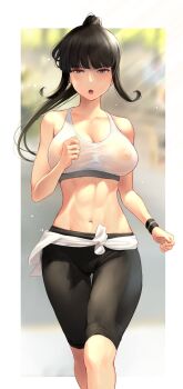 1girl alternate_costume alternate_hairstyle bare_shoulders black_hair blunt_bangs blurry blurry_background border breasts brown_eyes cleavage collarbone commentary_request exercising girls_und_panzer gym_uniform highres jogging large_breasts long_hair mature_female navel nipples nishizumi_shiho open_mouth outdoors outside_border pants ponytail revision running see-through_clothes solo sports_bra sweatband thighs toned track_pants wa_(genryusui) white_border white_sports_bra