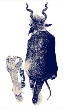 1boy 1girl capelet child commentary_request dress full_body furry furry_male holding holding_lantern horns lantern long_hair nagabe original sensei_(totsukuni_no_shoujo) shiva_(totsukuni_no_shoujo) simple_background tail totsukuni_no_shoujo walking white_background