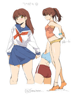 1girl ass clothes_pull inoue_sora panties panty_pull ponytail school_uniform simple_background tagme underwear white_background