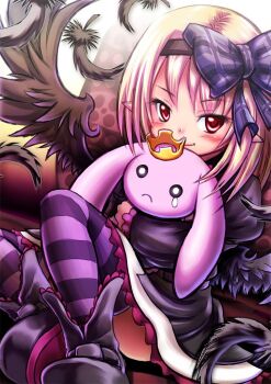 1girl black_boots black_dress black_feathers black_hairband black_ribbon black_wings blonde_hair boots dark_feather_alma dress emil_chronicle_online feathers frilled_dress frills hair_ribbon hairband holding holding_stuffed_toy loli os_aod pointy_ears purple_thighhighs red_eyes ribbon sitting smile solo striped_clothes striped_thighhighs stuffed_animal stuffed_rabbit stuffed_toy thighhighs wings