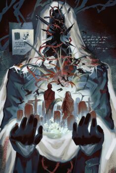 Rule 34 | 2boys, black gloves, blue coat, charon (reverse:1999), coat, cross, dark background, eberhard braun, evie (baoxiao), flower, gloves, hands up, hashtag-only commentary, highres, holding cloth, male focus, mini person, miniboy, multiple boys, object head, poppy (flower), red flower, reverse:1999, solo focus, thorns, tombstone, upper body, veil, white flower, white veil