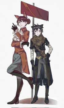 1boy 1girl animal_ears ascot black_boots black_cat_(lies_of_p) black_eyes black_gloves blue_pants boots brown_eyes cat_boy cat_ears closed_mouth coat commentary fox_ears fox_girl gloves grey_pants hair_bun highres kemonomimi_mode lies_of_p liudongxx looking_at_viewer orange_coat pants red_fox_(lies_of_p) red_hair simple_background single_hair_bun smile standing white_ascot white_background