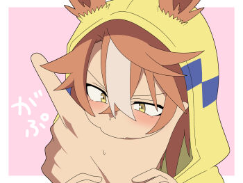 Rule 34 | 1boy, 1girl, animal ears, biting, border, brown eyes, brown hair, commentary request, dicta striker (umamusume), ears through headwear, fang, hair between eyes, highres, ho 1000 ka, hood, hood up, hooded jacket, horse ears, jacket, multicolored hair, pink background, small sweatdrop, solo focus, streaked hair, sweat, translation request, umamusume, umamusume: cinderella gray, v-shaped eyebrows, white border, white hair, yellow jacket