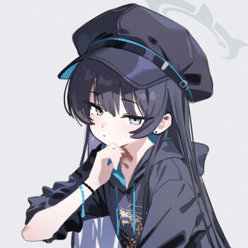 Rule 34 | 1girl, black hair, black hat, black hoodie, blue archive, closed mouth, commentary, eco 376124, grey eyes, grey halo, halo, hat, highres, hood, hoodie, kisaki (blue archive), long hair, looking at viewer, simple background, sketch, solo, untranslatable commentary