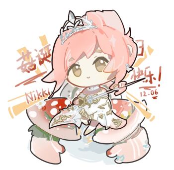 Rule 34 | 1girl, armor, barefoot, breastplate, brown eyes, character name, chibi, chinese commentary, chinese text, choker, closed mouth, coattails, commentary request, dated, dress, earrings, feather earrings, feathers, floating, frilled choker, frills, hair bun, happy, happy birthday, holding, holding sword, holding weapon, infinity nikki, jewelry, medium dress, melody bloom (infinity nikki), mushroom, nikki (nikki), nikki (series), pink hair, pleated dress, rapier, rayman limbs, shadow, short hair with long locks, shroomling (infinity nikki), sidelocks, single hair bun, sleeveless, sleeveless dress, smile, sword, tareme, tiara, updo, weapon, white background, white choker, white dress, yuanxiaoelavil