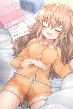 1girl aamondo bed bedwetting blush bow breasts brown_hair clock closed_eyes collarbone diaper digital_clock drooling female_focus hand_on_own_stomach long_hair long_sleeves lying medium_breasts note on_bed open_mouth orange_shirt orange_shorts original pajamas pee peeing peeing_self pillow puddle relief shirt shorts sleeping smile solo translated wet wet_clothes wet_shorts white_bow