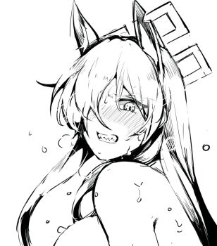 1girl animal_ears blue_archive blush breasts clenched_teeth commentary_request dog_ears dog_girl greyscale hair_over_one_eye halo implied_sex kanna_(blue_archive) large_breasts long_hair looking_at_viewer monochrome nose_blush nude sadahiro_(chicken_nugget_gyuuniku_aji) sharp_teeth solo sweat teeth upper_body