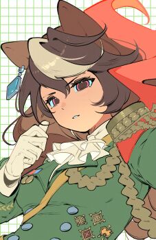 Rule 34 | 1girl, absurdres, aiguillette, animal ears, ascot, bea lenoir, blush, breasts, brown hair, cape, earrings, epaulettes, gloves, green jacket, hair between eyes, highres, horse ears, horse girl, jacket, jewelry, long hair, long sleeves, looking at viewer, medal, medium breasts, multicolored hair, parted lips, purple eyes, red cape, side cape, single earring, single epaulette, streaked hair, symboli rudolf (emperor's path) (umamusume), symboli rudolf (umamusume), umamusume, white ascot, white gloves, white hair
