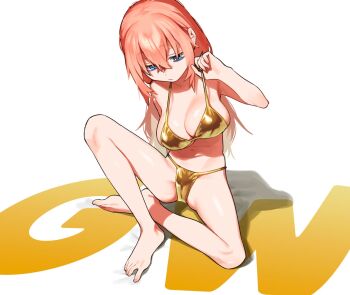 1girl :/ bare_legs barefoot bikini blue_eyes breasts cameltoe cleavage commentary feet gold_bikini golden_week hair_between_eyes highres holding_strap large_breasts long_hair michinoku_komaro muchi_maro navel pink_hair seitokai_ni_mo_ana_wa_aru! simple_background sitting solo spread_legs string_bikini swimsuit toes white_background