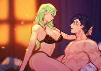 1boy 1girl ass black_bra black_hair black_panties bra breasts cleavage closed_mouth commentary commission english_commentary felix_hugo_fraldarius felix_hugo_fraldarius_(timeskip) female_byleth_(awakened)_(fire_emblem) female_byleth_(fire_emblem) fire_emblem fire_emblem:_three_houses from_side girl_on_top green_eyes green_hair hetero highres large_breasts long_hair looking_at_another nintendo open_mouth panties second-party_source sethkiel short_hair smile stomach teeth thighs topless_male underwear underwear_only upper_teeth_only
