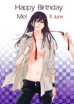1girl 1other :p black_eyes black_hair black_pants bracelet breasts buttons character_name collared_shirt commentary cowboy_shot dated english_commentary grey_shirt hand_up happy_birthday highres jewelry long_hair mel_sievers_(pulse) navel necktie open_clothes open_shirt pants pulse_(ratana_satis) ratana_satis red_necktie ring second-party_source shirt three-quarter_sleeves tongue tongue_out undone_necktie watch wristwatch
