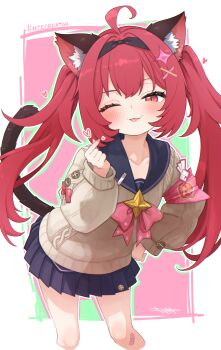 1girl :3 :p absurdres ahoge animal_ear_fluff animal_ears armband bandaid bandaid_on_knee bandaid_on_leg black_hairband blue_sailor_collar blue_skirt blush brown_sweater cat_ears cat_girl cat_tail commentary_request cropped_legs fang fang_out hair_ornament hairband heart highres komodj long_hair long_sleeves miniskirt nanally_(nte) neverness_to_everness one_eye_closed open_mouth pink_armband pleated_skirt puffy_long_sleeves puffy_sleeves red_eyes red_hair sailor_collar skirt solo sweater tail tongue tongue_out twintails very_long_hair x_hair_ornament