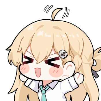 Rule 34 | > <, 1girl, ahoge, aqua necktie, arms up, blonde hair, chibi, chibi only, commentary, highres, long hair, lynae (wuthering waves), necktie, open mouth, outstretched arms, shirt, simple background, smile, solo, sticker (medium), twomoon, upper body, white background, white shirt, wuthering waves