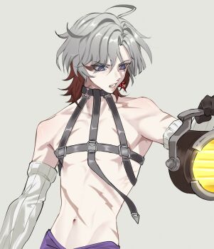 1boy ahoge armpits bishounen black_gloves blue_eyes clenched_teeth colored_inner_hair commentary cowboy_shot detached_sleeves didin_ed genshin_impact gloves grey_hair highres illuga_(genshin_impact) lantern male_focus multicolored_hair navel pants purple_pants scar scar_on_arm scar_on_chest simple_background solo symbol-only_commentary teeth toned toned_male white_background