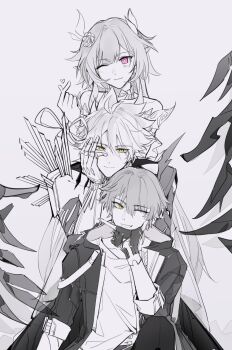 1girl 2boys black_coat black_gloves caelus_(honkai:_star_rail) coat commentary cyrene_(honkai:_star_rail) cyrene_(ripples_of_past_reverie)_(honkai:_star_rail) gloves grey_hair highres honkai:_star_rail honkai_(series) molingxiao7 multiple_boys open_clothes open_coat phainon_(honkai:_star_rail) phainon_(khaslana)_(honkai:_star_rail) pink_eyes simple_background symbol-only_commentary trailblazer_(honkai:_star_rail) two-sided_coat two-sided_fabric white_background yellow_eyes