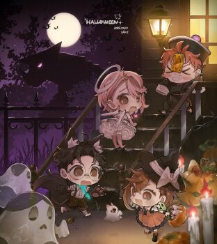 &gt;_&lt; 2boys 2girls :d ahoge angel angel_wings animal_ear_fluff animal_hands artist_name ayase_momo barefoot black_hair black_hat black_pants black_robe blush_stickers bow brown_eyes brown_hair candle chain chibi chibi_only closed_eyes comimingming crossed_bangs dandadan dated dress earrings enjoji_jin facial_mark fang full_moon furrowed_brow ghost_costume glasses gloves grin hair_between_eyes halloween halloween_bucket halloween_costume halo hat hat_bow highres jack-o&#039;-lantern jewelry jiangshi_costume kaiju lantern medium_hair moon multiple_boys multiple_girls ofuda ofuda_on_head open_mouth outdoors pants pants_rolled_up parted_bangs paw_gloves pink_hair pumpkin qingdai_guanmao red_dress red_hair robe round_eyewear serpo_(dandadan) shiratori_aira_(dandadan) short_hair sleeves_past_fingers sleeves_past_wrists sleeves_rolled_up smile stairs suspenders sweat sweatdrop takakura_ken_(dandadan) takakura_ken_(transformed)_(dandadan) trick-or-treating werewolf_costume white_dress wings witch witch_hat xd