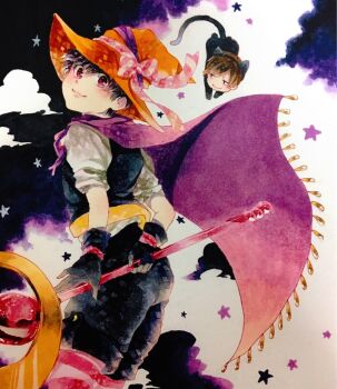 2boys animal_ears arms_behind_back black_gloves black_hair black_pants black_vest bow brown_hair cape cat_ears cat_tail character_request chibi chibi_inset closed_mouth cloud commentary_request cowboy_shot fake_animal_ears familiar fingerless_gloves floating_cape from_behind gloves hat hat_bow hat_ribbon highres holding holding_staff looking_at_viewer looking_back mage_staff magical_boy matsuno_todomatsu multiple_boys orange_hat osomatsu-san osomatsu_(series) pants puffy_short_sleeves puffy_sleeves purple_cape red_eyes red_thighhighs ribbon ruchi_(nxje5533) shirt short_hair short_sleeves smile staff standing star_(sky) starry_sky_background striped_bow striped_clothes striped_thighhighs tail thighhighs traditional_media turning_head two-tone_background vest white_background white_shirt witch witch_hat