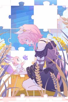 2girls bare_shoulders blue_eyes cloud cloudy_sky cyrene_(aedes_elysiae)_(honkai:_star_rail) cyrene_(honkai:_star_rail) dress heluo honkai:_star_rail honkai_(series) kneeling looking_at_another mem_(honkai:_star_rail) multiple_girls pink_hair purple_dress puzzle puzzle_piece short_hair sky tail twitter_username
