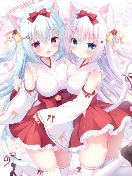 2girls :d animal_ear_fluff animal_ears black_sandals blue_eyes blue_hair blush bow breasts cat_ears cat_girl cat_tail closed_mouth commentary_request cowboy_shot crossed_bangs frilled_hakama hair_between_eyes hair_bow hakama hakama_short_skirt hakama_skirt hand_up highres japanese_clothes kimono large_breasts long_hair long_sleeves looking_at_viewer multiple_girls nekoboshi_yuki okobo open_mouth original platform_sandals red_bow red_eyes red_hakama ribbon-trimmed_sleeves ribbon-trimmed_thighhighs ribbon_trim sandals skirt sleeveless sleeveless_kimono smile tail thighhighs white_hair white_kimono white_sleeves white_thighhighs wide_sleeves zettai_ryouiki