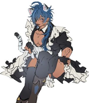 1boy apron black_dress black_garter_straps black_gloves black_thighhighs blue_eyes blue_hair blush boots bright_pupils cleavage_cutout clothes_lift clothing_cutout dress dress_lift earrings eyepatch feet_out_of_frame fingerless_gloves frilled_dress frills garter_straps genshin_impact gloves hair_between_eyes highres jewelry kaeya_(genshin_impact) lifting_own_clothes long_hair looking_at_viewer maid maid_apron male_focus parted_lips pectoral_cleavage pectorals red_lips riki0928 simple_background sitting snow_leopard_boy snow_leopard_ears snow_leopard_tail solo thighhighs white_apron white_background white_pupils