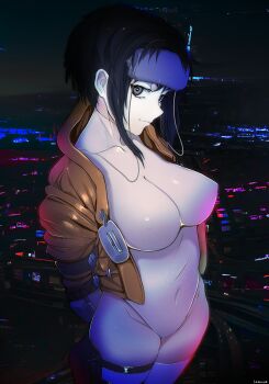 1girl absurdres arms_behind_back black_hair black_sky breasts brown_jacket city_lights closed_mouth commentary covered_erect_nipples cowboy_shot english_commentary ghost_in_the_shell grey_eyes highres jacket kusanagi_motoko large_breasts leotard lerimar looking_at_viewer night open_clothes open_jacket outdoors short_hair sky smile solo thighhighs white_leotard white_thighhighs