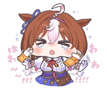 2girls ahoge animal_ears bag between_breasts blush bow breasts brown_hair carrot cheek_pinching closed_eyes double-parted_bangs dress ear_ribbon fingerless_gloves gloves hair_between_eyes hairband headband highres horse_ears horse_girl jewelry kerimka31328031 long_sleeves meisho_doto_(turbulent_blue)_(umamusume) meisho_doto_(umamusume) multicolored_hair multiple_girls multiple_rings open_mouth pinching pink_hairband pink_headband ring short_hair shoulder_bag solo_focus strap_between_breasts t.m._opera_o_(o_sole_suo!)_(umamusume) t.m._opera_o_(umamusume) tearing_up tears two-tone_hair umamusume white_gloves white_hair