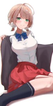 Rule 34 | >:), 1girl, absurdres, ahoge, black socks, blue bow, blue bowtie, blunt bangs, bow, bowtie, breasts, brown hair, cardigan, closed mouth, commentary request, green eyes, grey cardigan, hair ornament, highres, indie virtual youtuber, kneehighs, looking at viewer, low twintails, medium breasts, miniskirt, narrow waist, nayuyu1105, no shoes, official alternate costume, official alternate hairstyle, open cardigan, open clothes, pleated skirt, pom pom (clothes), pom pom hair ornament, red skirt, removing jacket, school uniform, shigure ui (summer uniform) (vtuber), shigure ui (vtuber), shirt, short hair, short sleeves, short twintails, simple background, sitting, skirt, smile, socks, solo, summer uniform, twintails, v-shaped eyebrows, virtual youtuber, white background, white shirt, yokozuwari