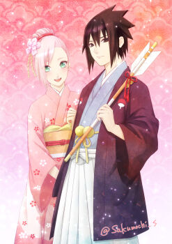 :d alternate_costume alternate_hairstyle arrow_(projectile) black_eyes black_hair blush closed_mouth floral_print floral_print_kimono green_eyes hair_between_eyes hair_bun haruno_sakura highres holding holding_arrow japanese_clothes kimono long_sleeves looking_at_viewer mochiii-s naruto_(series) naruto_shippuuden open_mouth pink_hair pink_kimono print_kimono short_hair smile teeth twitter_username uchiha_sasuke upper_teeth_only wide_sleeves