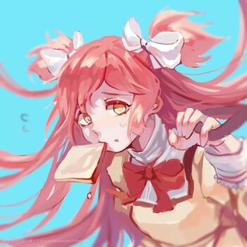 Rule 34 | 1girl, bag, beige vest, black trim, blue background, bow, bowtie, bread, bread slice, breasts, chinese commentary, chinese text, crumbs, flying sweatdrops, food, holding, holding bag, kaname madoka, long sleeves, mahou shoujo madoka magica, mahou shoujo madoka magica (anime), mandarin collar, mitakihara school uniform, mouth hold, pink hair, puffy long sleeves, puffy sleeves, raised eyebrows, red bow, school uniform, shirt, short twintails, small breasts, solo, sweatdrop, tareme, twintails, ultimate madoka, upper body, vest, watermark, web address, white bow, white shirt, xiaoxiao (15991743), yellow eyes