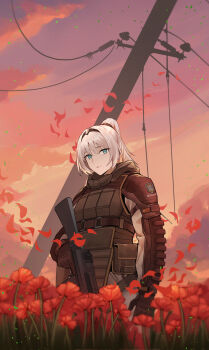 1girl absurdres an-94 an-94_(girls&#039;_frontline) assault_rifle blue_eyes brown_gloves cloud commentary field flower flower_field girls&#039;_frontline gloves grey_hair gun hair_intakes highres holding holding_gun holding_weapon in-universe_location long_hair looking_at_viewer lord-erica military_uniform orange_sky outdoors patch poppy_(flower) red_flower rifle russian_commentary shoulder_patch sky solo stalker_(game) stalker_2:_heart_of_chornobyl trigger_discipline upper_body utility_pole weapon