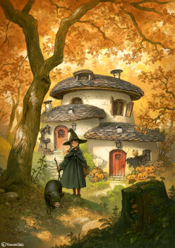 1girl absurdres artist_name autumn_leaves black_hat commentary day door english_commentary forest hat highres house jack-o'-lantern leaf long_sleeves nature original outdoors pig pumpkin scarecrow scenery solo tree window window_shutter witch_hat yoshida_seiji
