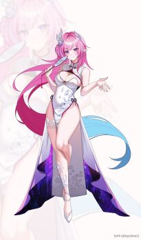 1girl alternate_costume breasts china_dress chinese_clothes cleavage commentary cyrene_(honkai:_star_rail) cyrene_(ripples_of_past_reverie)_(honkai:_star_rail) diamond-shaped_pupils diamond_(shape) dress flower full_body grey_dress hair_flower hair_ornament high_heels highres honkai:_star_rail honkai_(series) kyoi_(kyo1koo2) large_breasts logo long_hair looking_at_viewer pink_hair pointy_ears purple_eyes revision simple_background smile solo standing standing_on_one_leg symbol-shaped_pupils twitter_username very_long_hair white_background zoom_layer