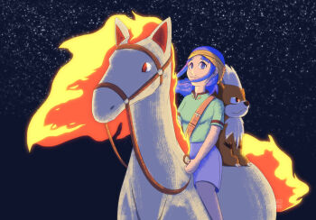 1girl blue_eyes blue_hair gen_1_pokemon growlithe headband lara_laramie nintendo pokemon pokemon_(anime) pokemon_(classic_anime) pokemon_ep033 ponytail rapidash reins riding riding_pokemon shorts shoulder_belt sky star_(sky) starry_sky