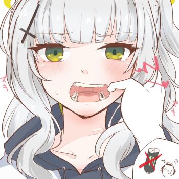 1boy 1girl black_hood black_hoodie blush cavity cross_hair_ornament doodle_sensei_(blue_archive) energy_drink green_eyes grey_hair hair_ornament hare_(blue_archive) highres hood hood_down hoodie long_hair looking_at_viewer monster_energy mouth_focus mouth_pull open_mouth pain parallel_fleet portrait raised_inner_eyebrows realistic_teeth scolding sensei_(blue_archive) small_sweatdrop solo_focus sound_effects tearing_up teeth tongue toothache uvula