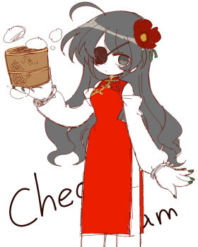 1girl ahoge bamboo_steamer bracelet china_dress chinese_clothes detached_sleeves dim_sum dress english_text eyepatch flower food funamusea funamusea_(style) genderswap genderswap_(mtf) green_nails grey_eyes grey_hair haiiro_teien hair_flower hair_ornament highres holding jewelry long_hair messy_hair red_dress red_flower solo steam wodahs_(funamusea) woshiab