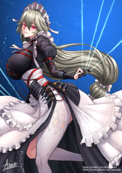 1girl adsouto alexandrina_sebastiane apron breasts eye_trail frilled_apron frills gloves green_hair highres large_breasts light_trail long_hair looking_at_viewer low-tied_long_hair maid maid_apron maid_headdress parted_lips partially_fingerless_gloves red_eyes signature single_leg_pantyhose solo string variant_set very_long_hair zenless_zone_zero
