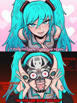 1girl absurdres alternate_breast_size_(larger) android aqua_eyes aqua_hair aqua_necktie bare_shoulders breasts cleavage collared_shirt commentary detached_sleeves drooling english_commentary english_text exposed_internal_machinery grey_shirt hands_on_own_face hatsune_miku heart highres horror_(theme) long_hair looking_at_viewer mechabare necktie number_tattoo pov red_eyes robot robot_girl saliva science_fiction shirt sign sleeveless tatjasng12 tattoo tongue tongue_out twintails very_long_hair vocaloid warning_sign wire