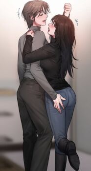Rule 34 | 2girls, angry, black hair, blush, boots, brown hair, closed eyes, grabbing another's ass, groping, highres, lips, long hair, multiple girls, open mouth, original, pants, passionyurilove, rangrarii, shirt, short hair, simple background, smile, t-shirt, yuri