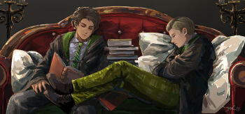 2boys absurdres black_coat black_hair black_robe blonde_hair book closed_eyes coat green_necktie harry_potter_(series) highres hogwarts_legacy hogwarts_school_uniform hooded_robe male_focus multiple_boys mushoku necktie ominis_gaunt open_book robe school_uniform sebastian_sallow short_hair sitting slytherin striped_necktie wizarding_world